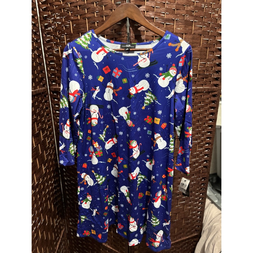 AGB‎ Dress Womens Medium Blue Snowman Christmas Holiday 3/4 Sleeve